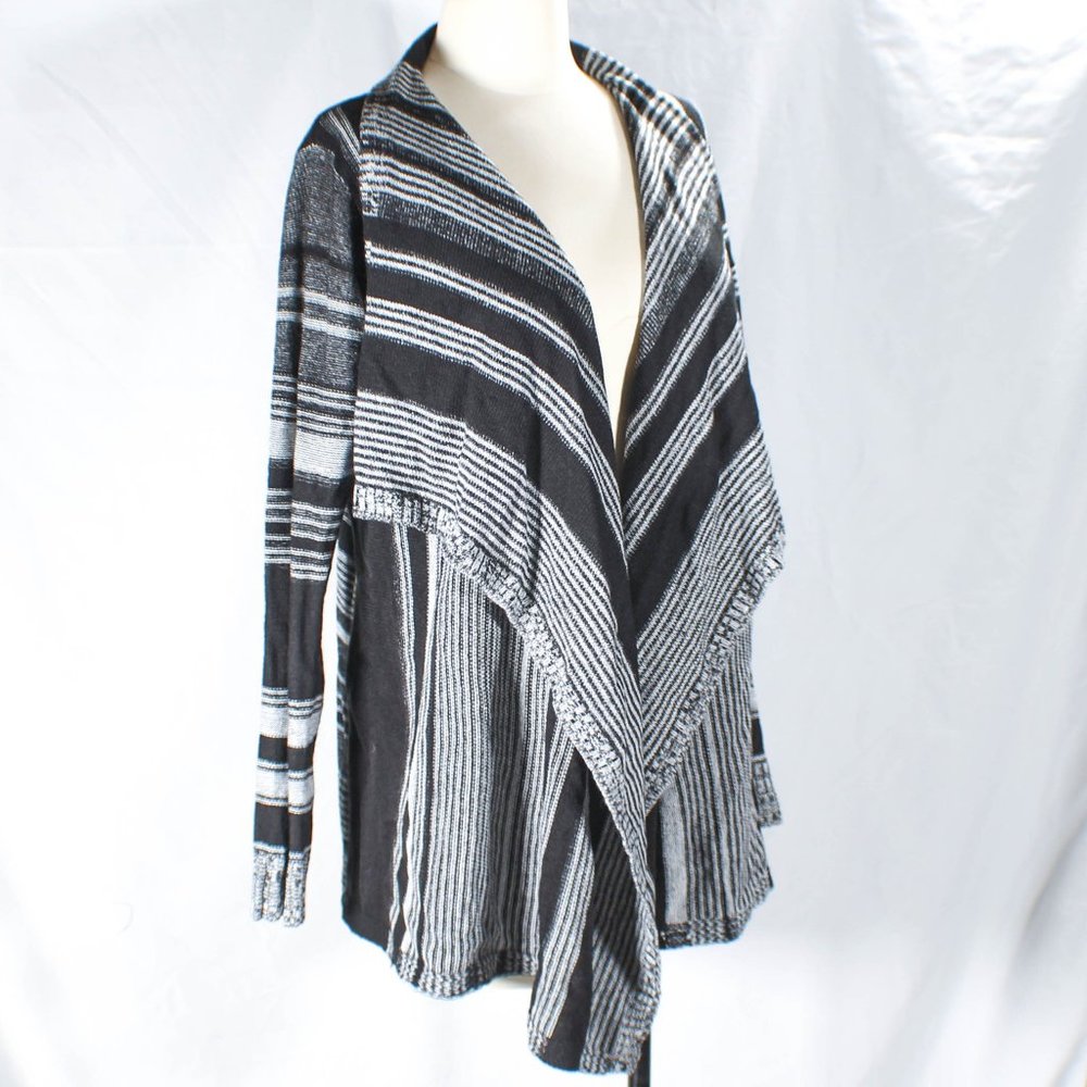 Chic Coastal Cottagecore Black White Striped Open Cardigan Sweater Size Large
